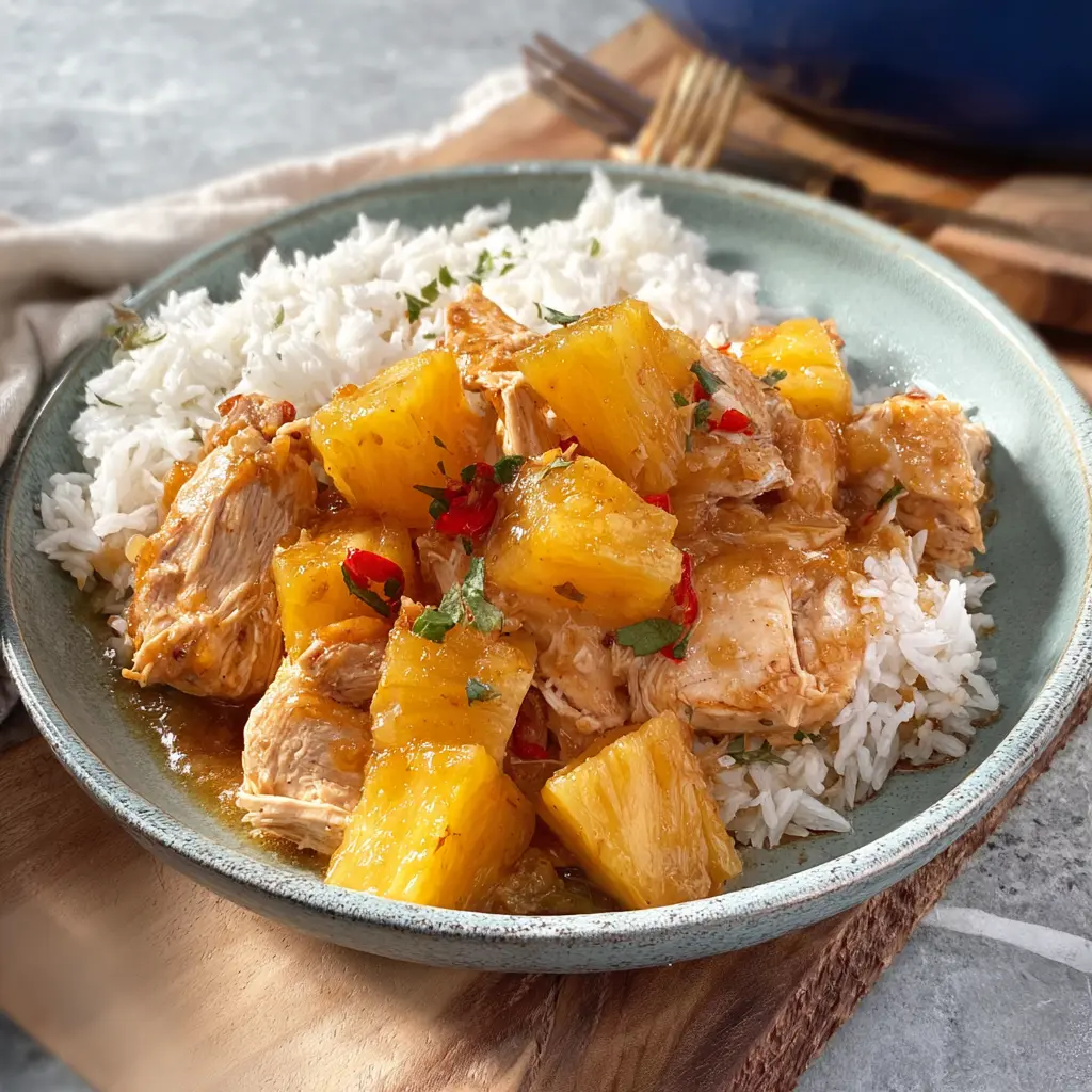 Slow Cooker Hawaiian Pineapple Chicken Warm Satisfying Recipe You Will Love 1 Slow Cooker Hawaiian Pineapple Chicken recipe, served and ready to eat, easy homemade dish