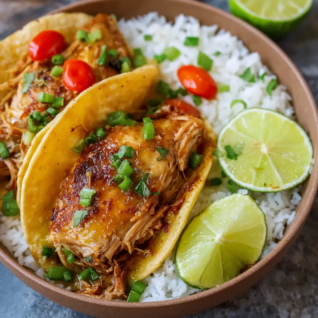 Slow Cooker Honey Lime Chicken Tacos recipe, served and ready to eat, easy homemade dish