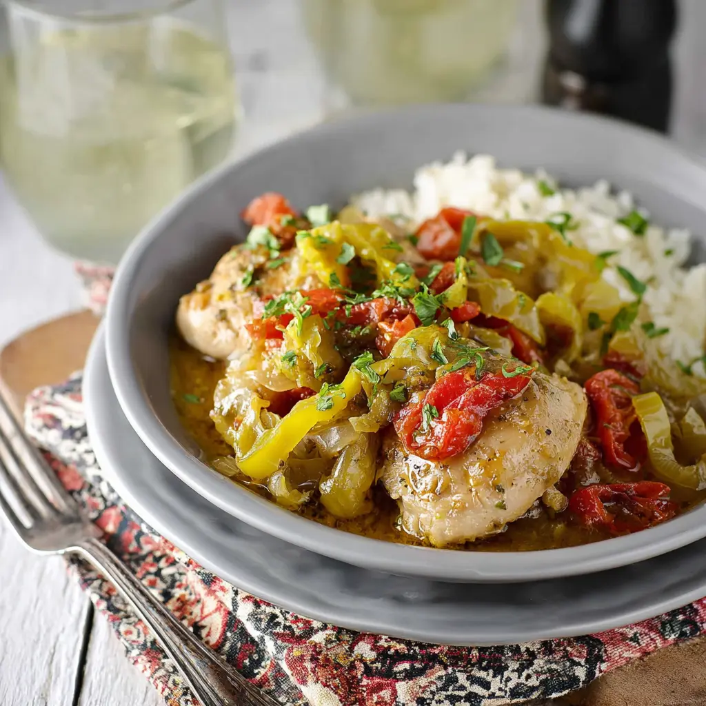 Crockpot Italian Chicken Pepperoncini Cozy Satisfying Dinner Your Family Will Love 1 Slow Cooker Italian Chicken Pepperoncini recipe, served and ready to eat, easy homemade dish