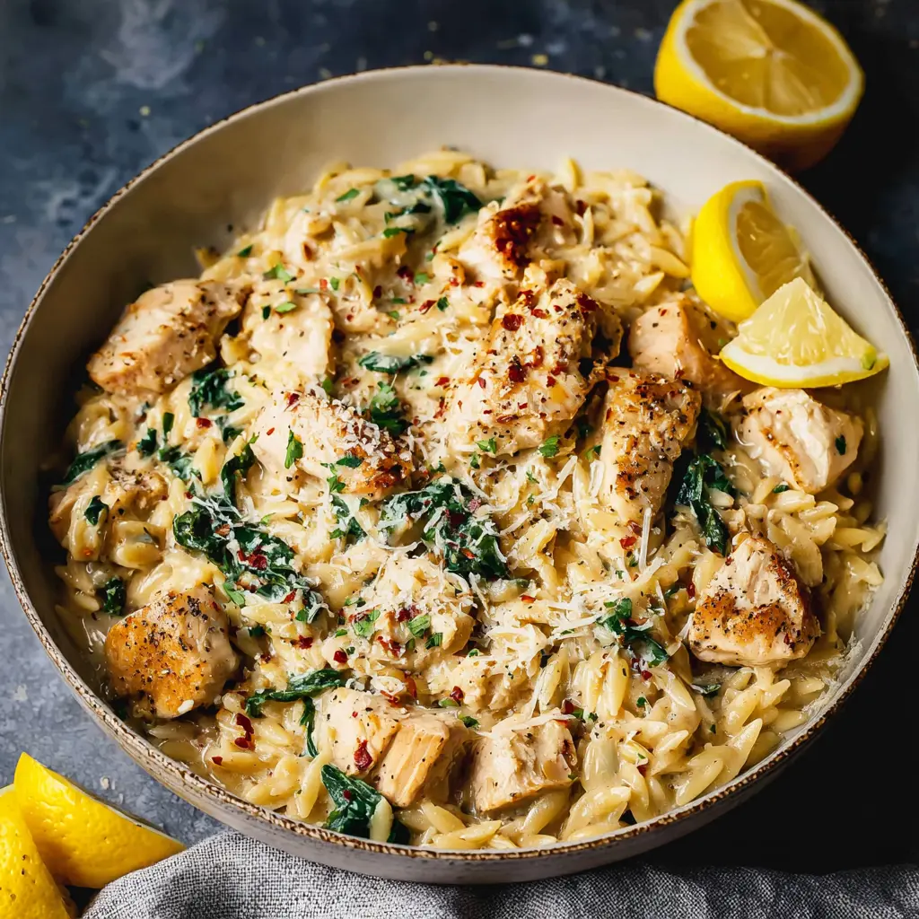 Slow Cooker Lemon Butter Chicken Orzo recipe, served and ready to eat, easy homemade dish
