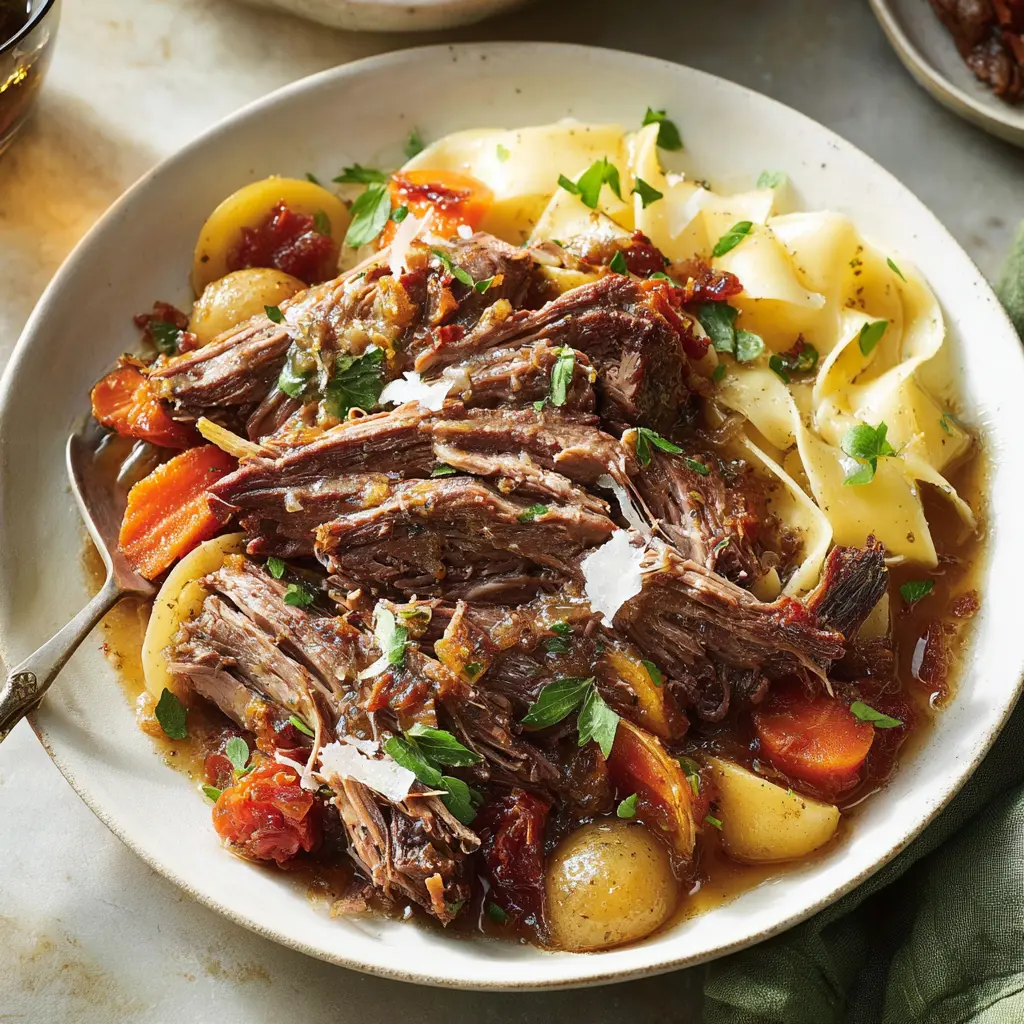 Slow Cooker Marry Me Pot Roast recipe, served and ready to eat, easy homemade dish