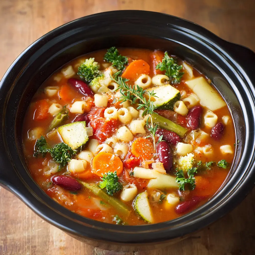Slow Cooker Minestrone Soup Cozy Rich Recipe Your Family Will Love 1 Slow Cooker Minestrone Soup recipe, served and ready to eat, easy homemade dish
