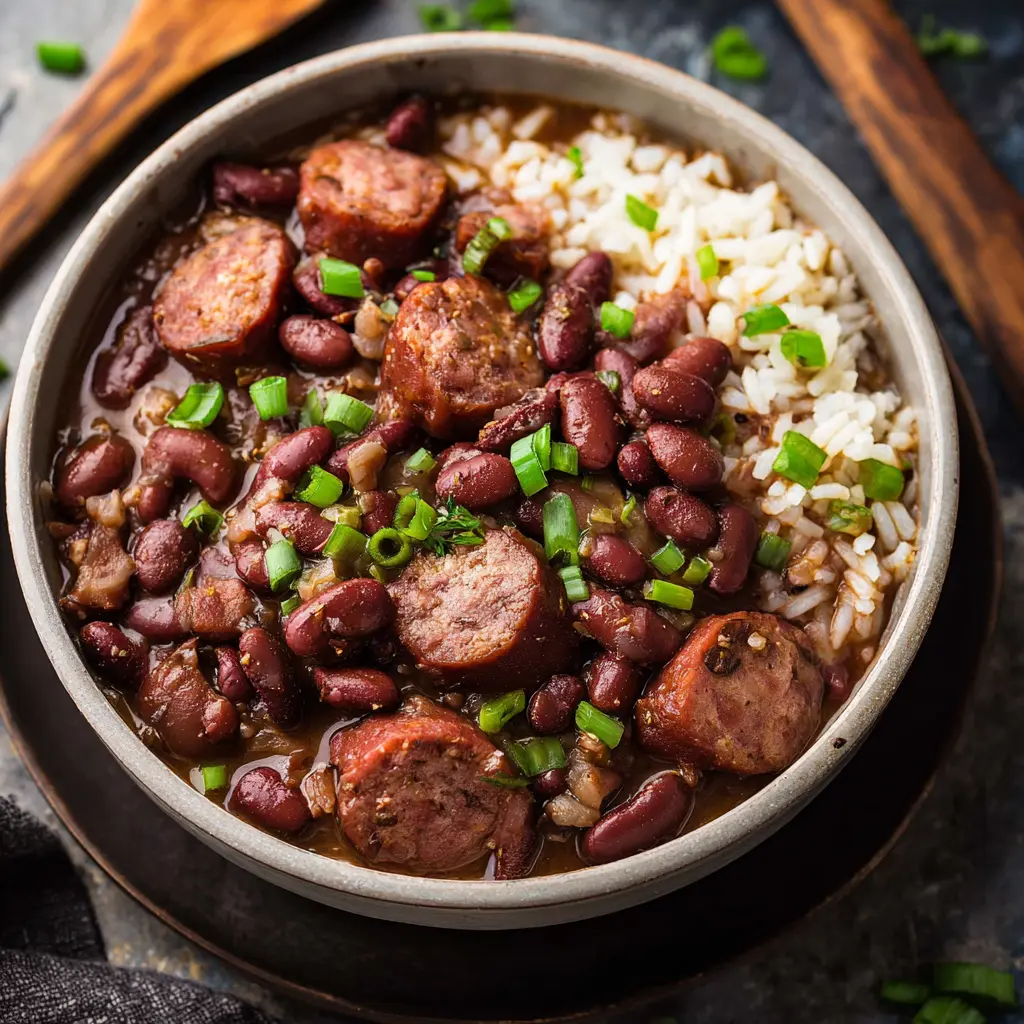 Slow Cooker Red Beans Rice Sausage recipe, served and ready to eat, easy homemade dish