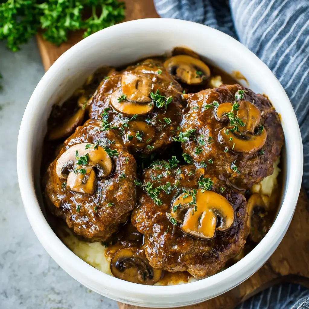 Slow Cooker Salisbury Steak Mushroom Gravy Warm Comforting Best Dinner You Need 1 Slow Cooker Salisbury Steak Mushroom Gravy recipe, served and ready to eat, easy homemade dish