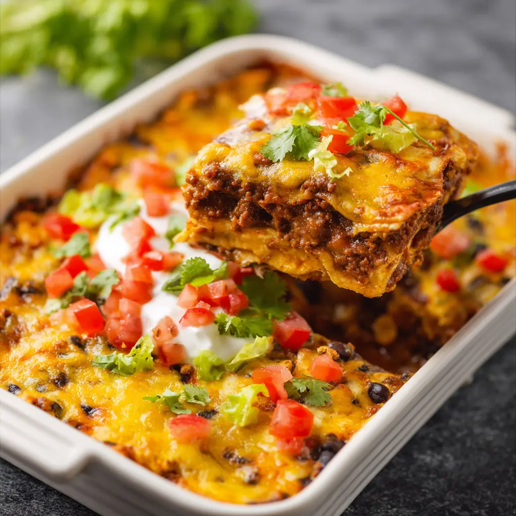 Taco Casserole Ground Beef Baked Warm and Satisfying Your New Favorite Dinner 1 TACO CASSEROLE GROUND BEEF BAKED recipe, served and ready to eat, easy homemade dish