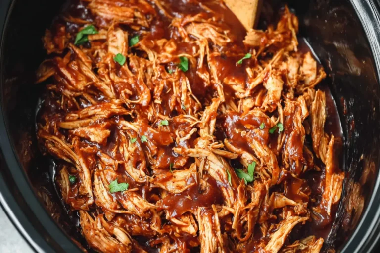 BBQ Pulled Chicken Crockpot recipe, served and ready to eat, easy homemade dish
