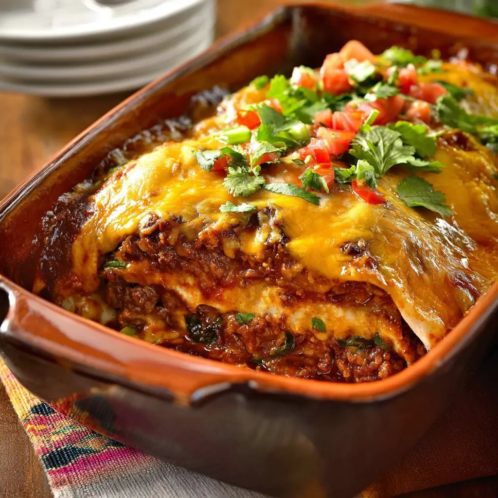 Beef Enchilada Casserole Baked recipe, served and ready to eat, easy homemade dish