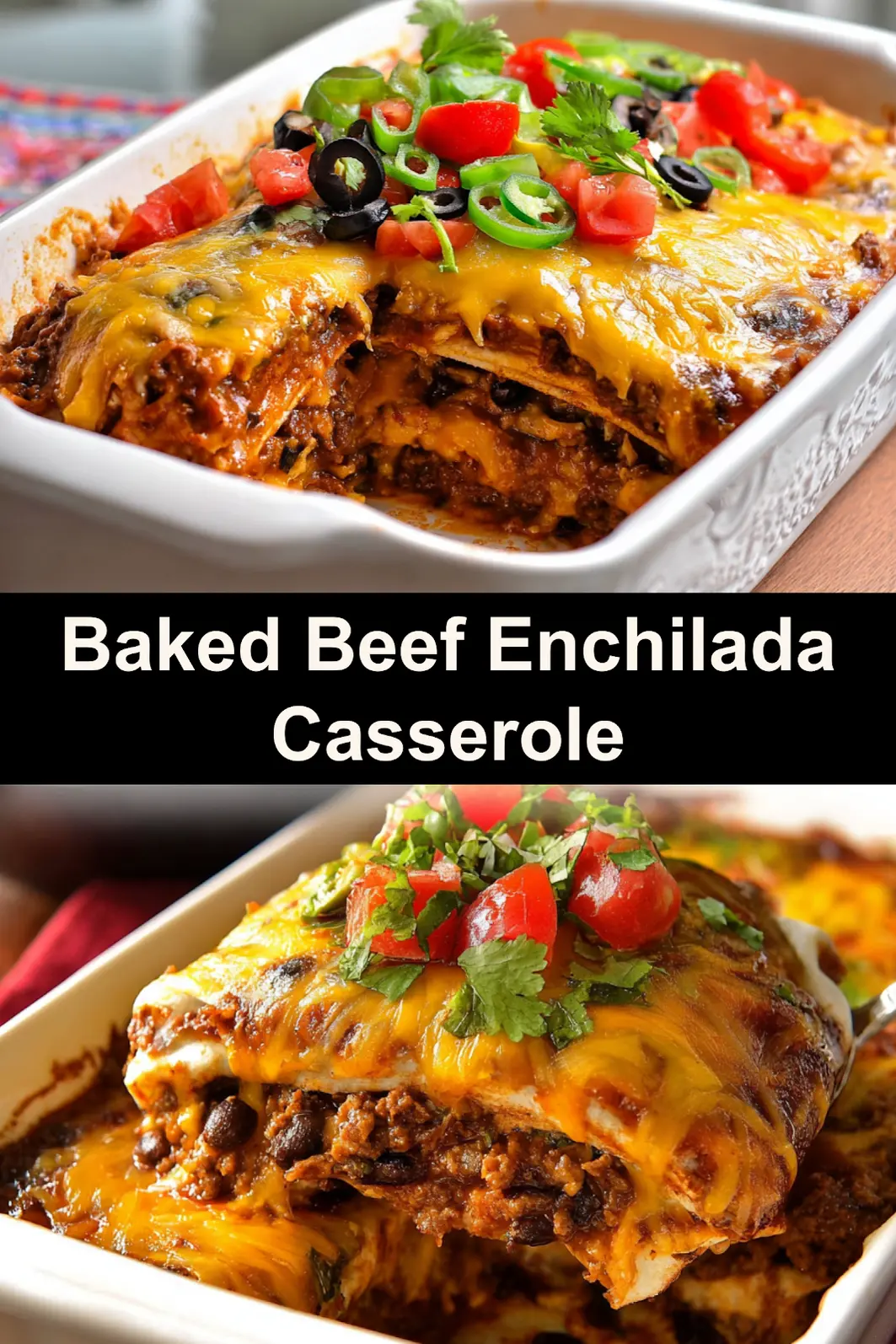 Beef Enchilada Casserole Baked recipe, served and ready to eat, easy homemade dish