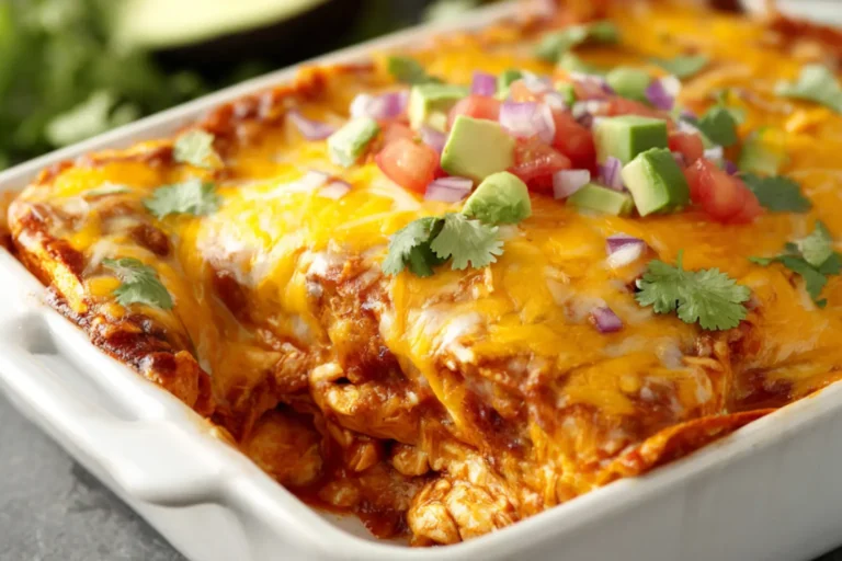 Cheesy Chicken Enchilada Casserole recipe, served and ready to eat, easy homemade dish