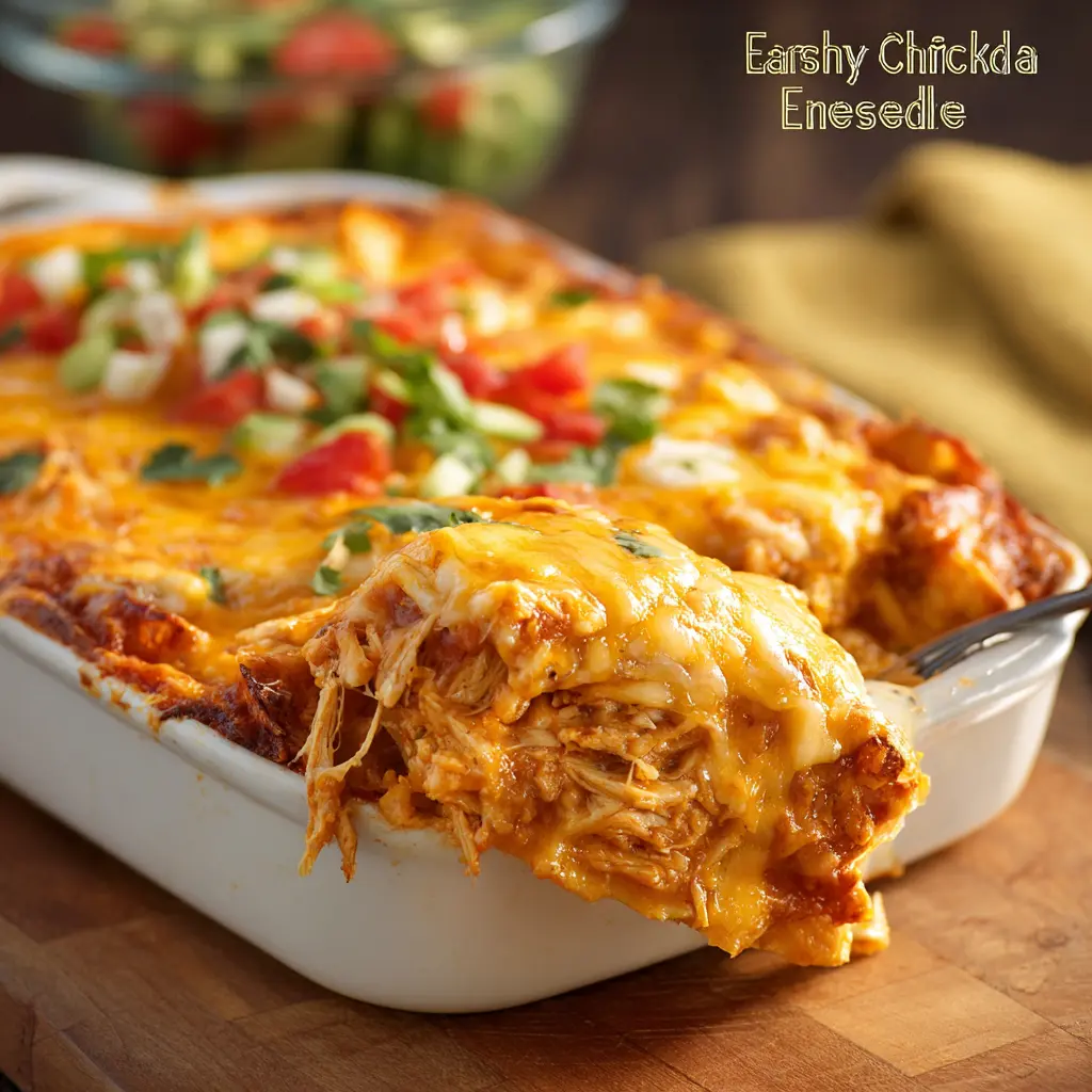 Cheesy Chicken Enchilada Casserole served and ready to eat, easy homemade dish