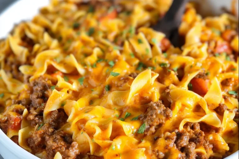 Cheesy Ground Beef Noodle Casserole recipe, served and ready to eat, easy homemade dish