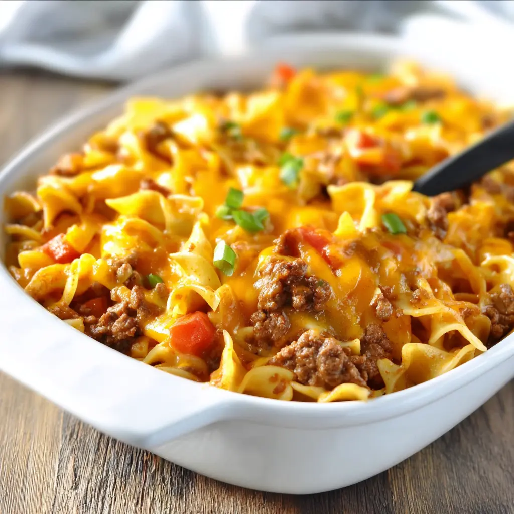 Cheesy Ground Beef Noodle Casserole Cozy Satisfying Dinner Your Family Will Love 2 Cheesy Ground Beef Noodle Casserole served and ready to eat, easy homemade comfort food dish