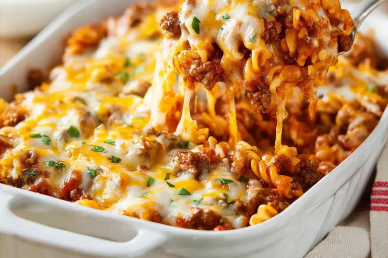 CHEESY GROUND BEEF PASTA BAKE recipe, served and ready to eat, easy homemade dish