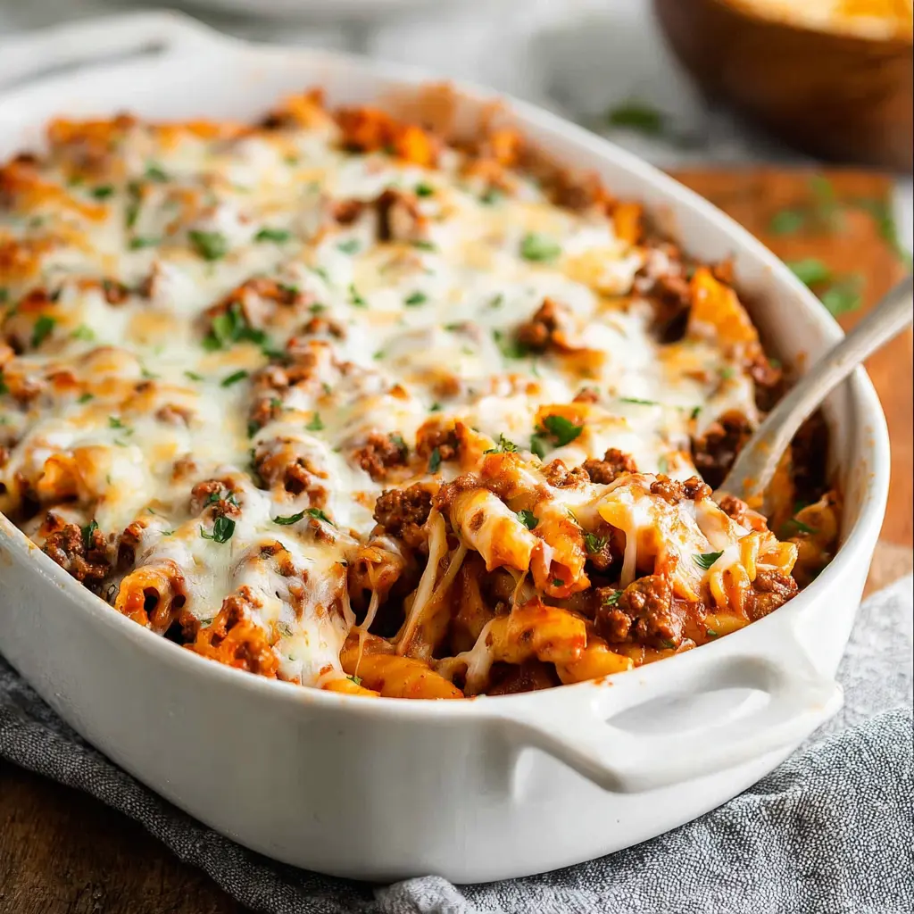 Cheesy ground beef pasta bake served in a 9x13 dish, bubbling and golden, ready to eat