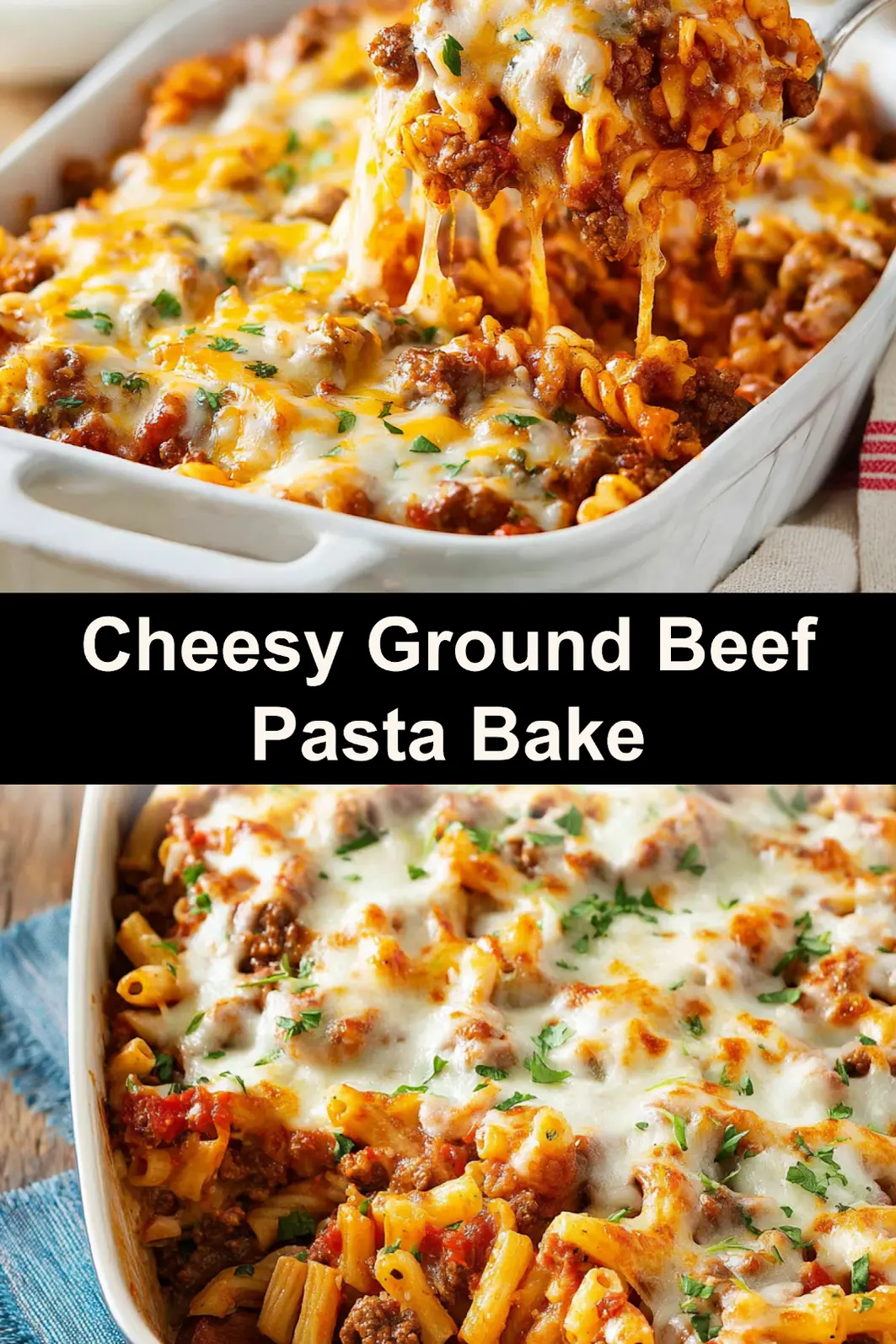 Cheesy ground beef pasta bake recipe shown in a 9x13 pan, golden and bubbly, easy weeknight dinner