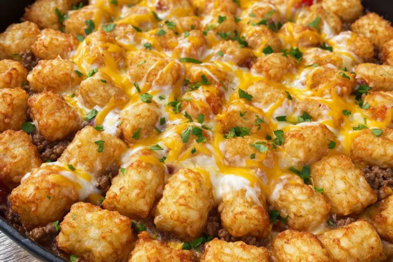 Cowboy Casserole Tater Tot Ground Beef recipe, served and ready to eat, easy homemade dish