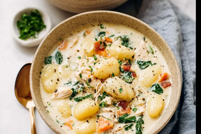 Creamy Crockpot Chicken Gnocchi Soup recipe, served and ready to eat, easy homemade dish