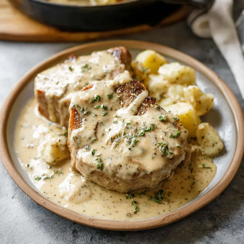 Creamy Ranch Pork Chops Crockpot recipe, served and ready to eat, easy homemade dish