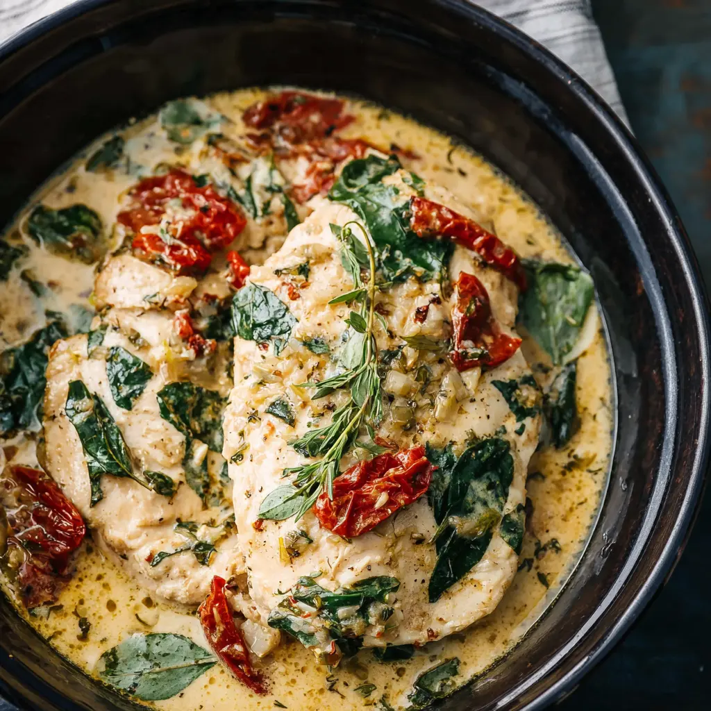 Creamy Slow Cooker Tuscan Chicken served over pasta with parmesan cream sauce, sun-dried tomatoes, and wilted spinach