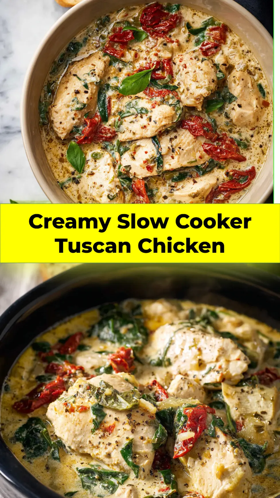 Creamy Slow Cooker Tuscan Chicken plated over pasta with parmesan cream sauce and sun-dried tomatoes, pin image