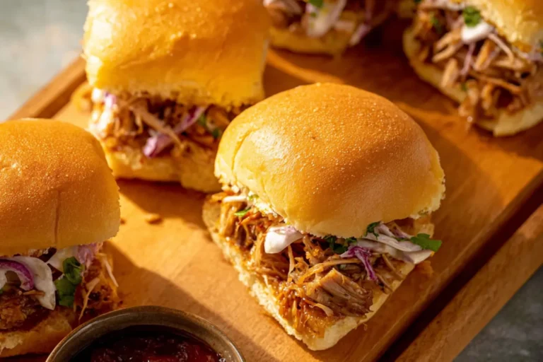 Crockpot BBQ Pulled Pork Sliders recipe, served and ready to eat, easy homemade dish