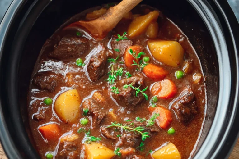 CROCKPOT BEEF STEW recipe, served and ready to eat, easy homemade dish