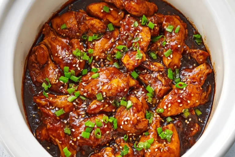 CROCKPOT BOURBON CHICKEN recipe, served and ready to eat, easy homemade dish