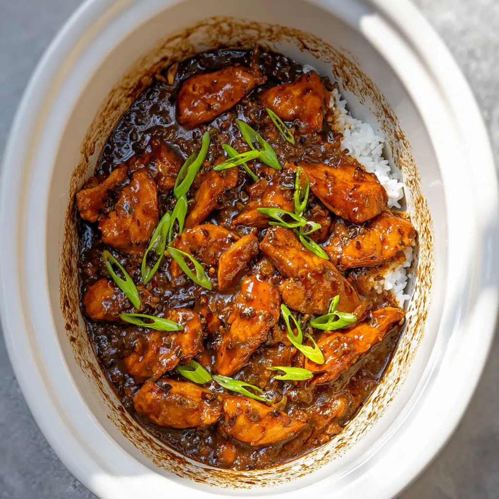 Crockpot Bourbon Chicken Cozy Satisfying Dinner Your Family Will Love 2 Crockpot Bourbon Chicken served over white rice, garnished with green onions