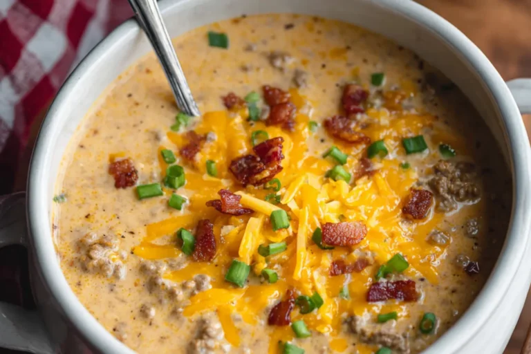 Crockpot Cheeseburger Soup Ground Beef recipe, served and ready to eat, easy homemade dish