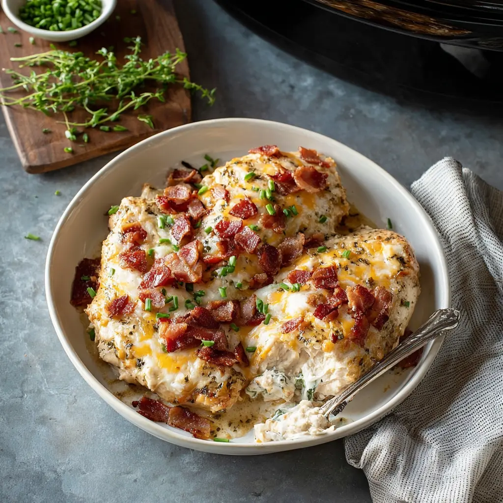 Crockpot Chicken Bacon Ranch served and ready to eat, easy homemade slow cooker dish