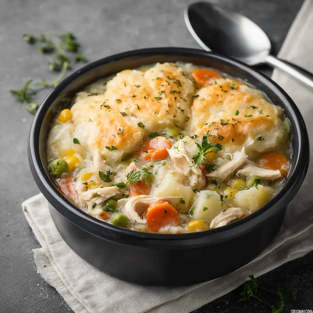 Crockpot Chicken Pot Pie Dump recipe, served and ready to eat, easy homemade dish