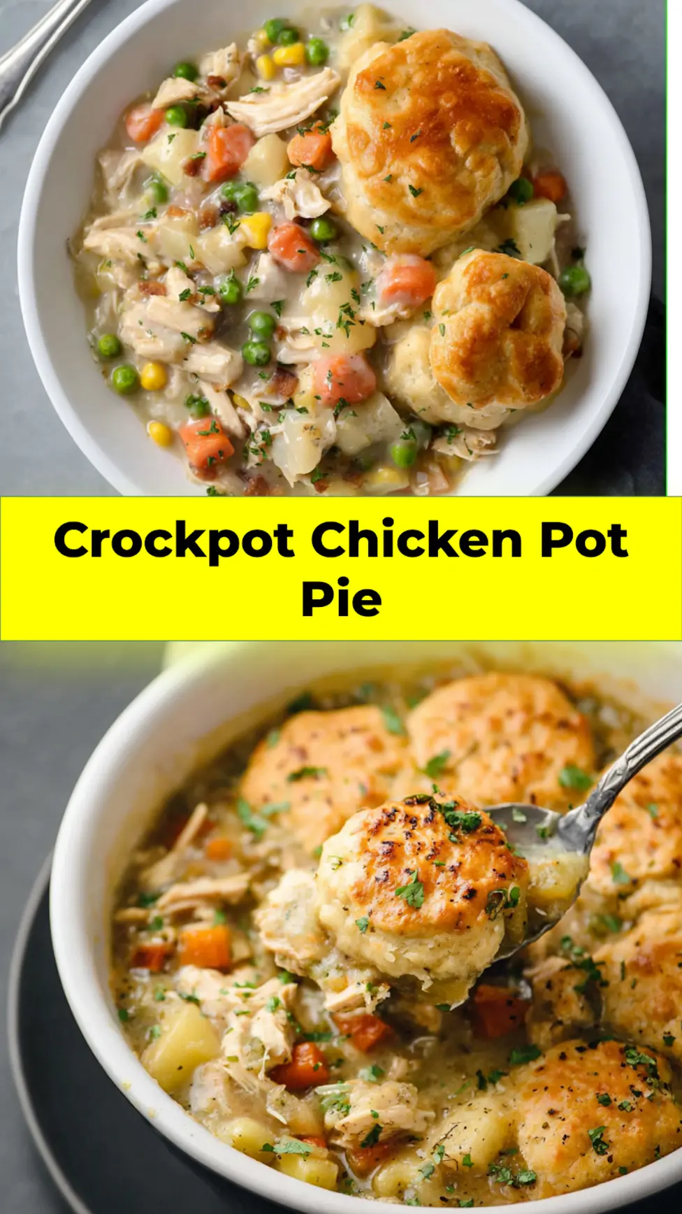 Crockpot Chicken Pot Pie Dump recipe, served and ready to eat, easy homemade dish