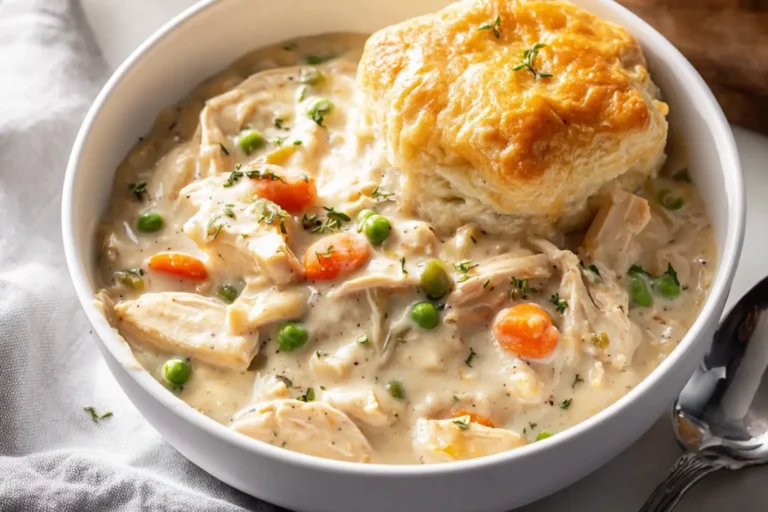 CROCKPOT CHICKEN POT PIE FILLING recipe, served and ready to eat, easy homemade dish