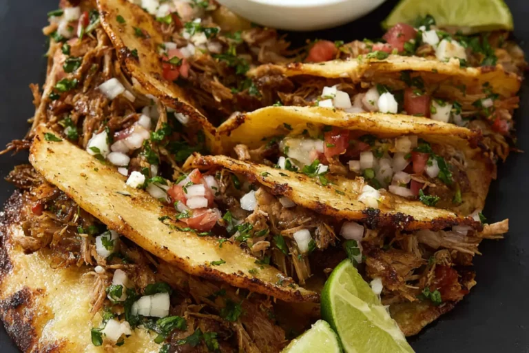 Crockpot Pork Carnitas Tacos recipe, served and ready to eat, easy homemade dish