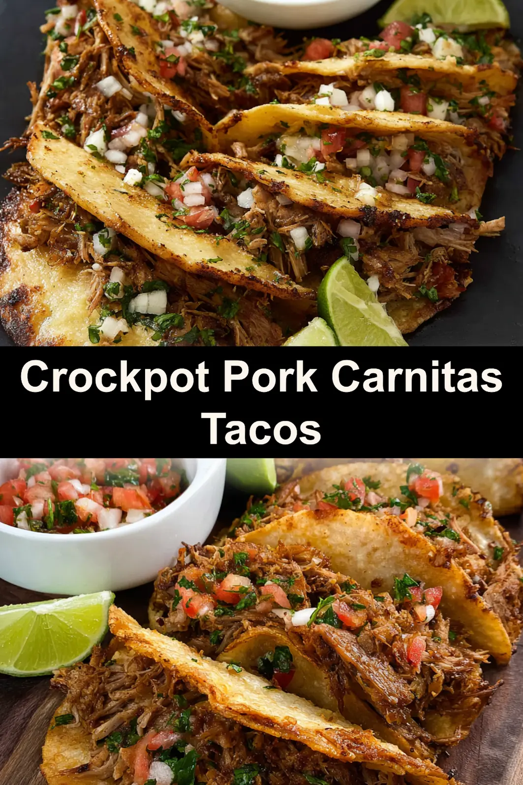 Crockpot Pork Carnitas Tacos recipe pin  slow cooker pulled pork tacos with crispy edges and Chihuahua cheese