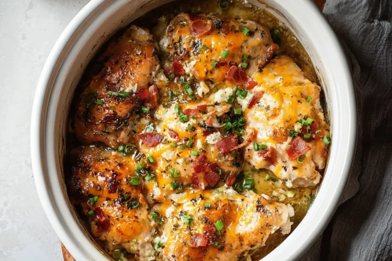 CROCKPOT RANCH CHICKEN THIGHS recipe, served and ready to eat, easy homemade dish