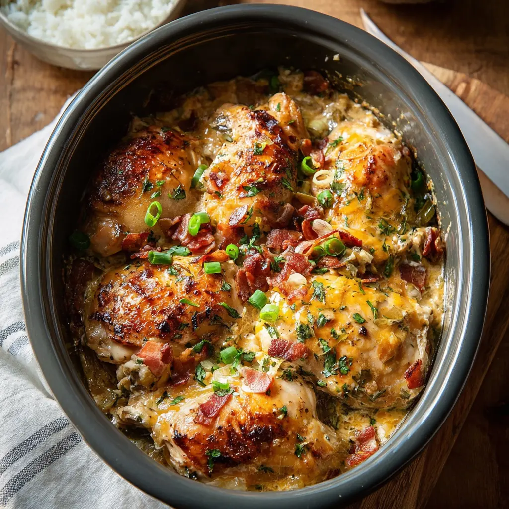 Crockpot Ranch Chicken Thighs served and ready to eat, a creamy slow cooker dinner