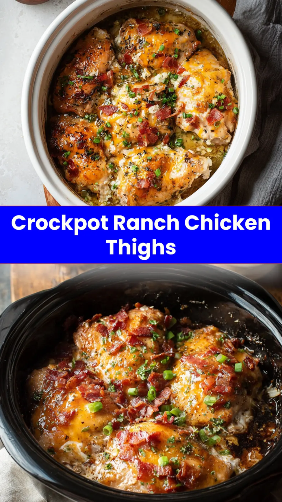 Crockpot Ranch Chicken Thighs recipe pin  creamy slow cooker dinner ready to serve