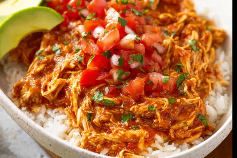 Crockpot Salsa Chicken Rice recipe, served and ready to eat, easy homemade dish