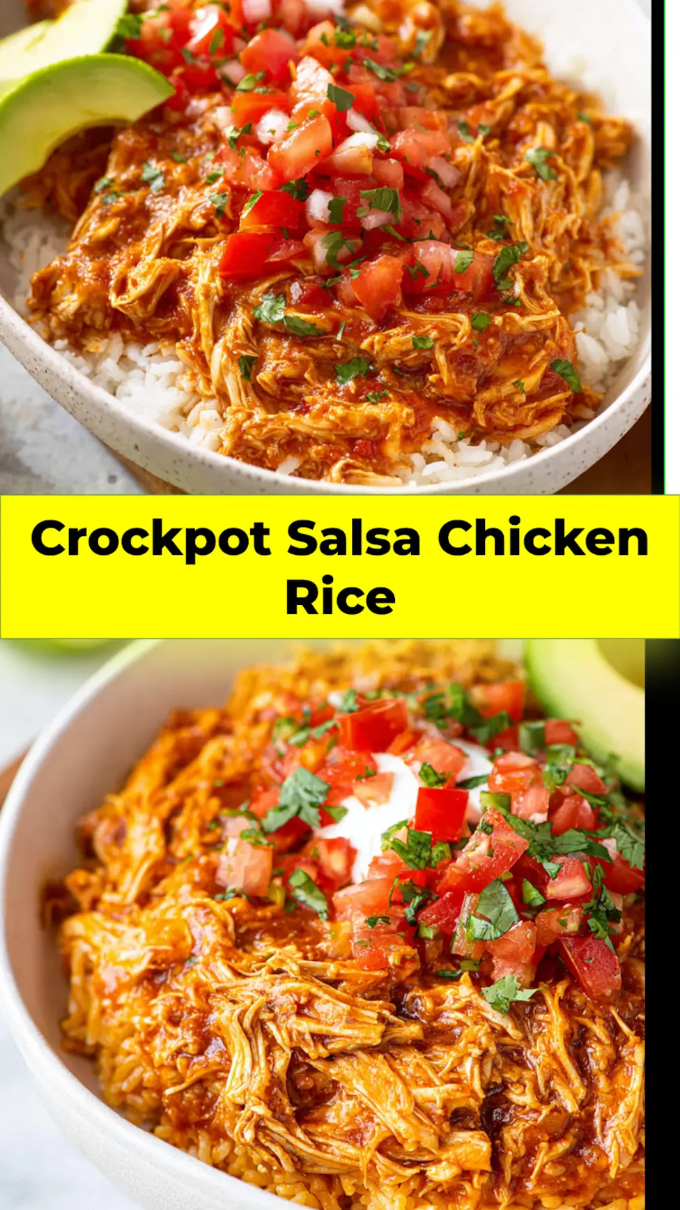 Crockpot Salsa Chicken Rice Cozy New Way to Make This Satisfying Dinner 3 Crockpot Salsa Chicken Rice pinnable image showing shredded salsa chicken served over rice