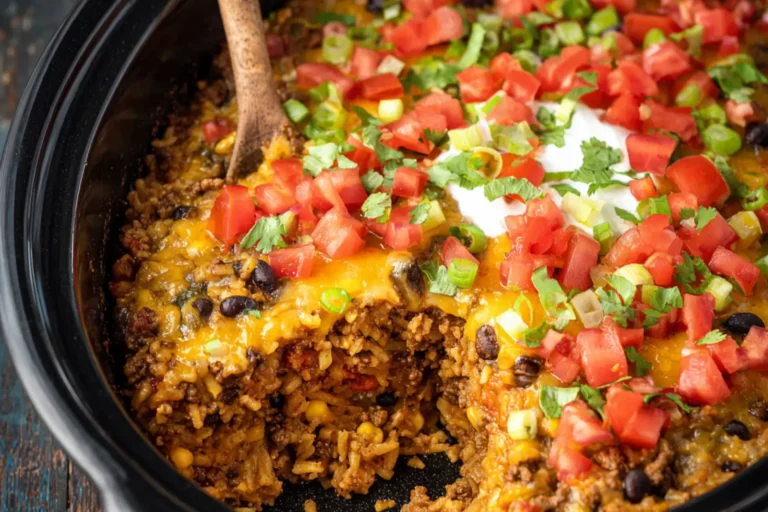 Crockpot Taco Casserole Ground Beef recipe, served and ready to eat, easy homemade dish