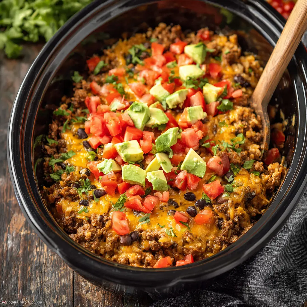 Crockpot Taco Casserole Ground Beef Cozy Cheesy Dinner the Whole Family Will Love 2 Crockpot Taco Casserole Ground Beef recipe, served and ready to eat, easy homemade dish