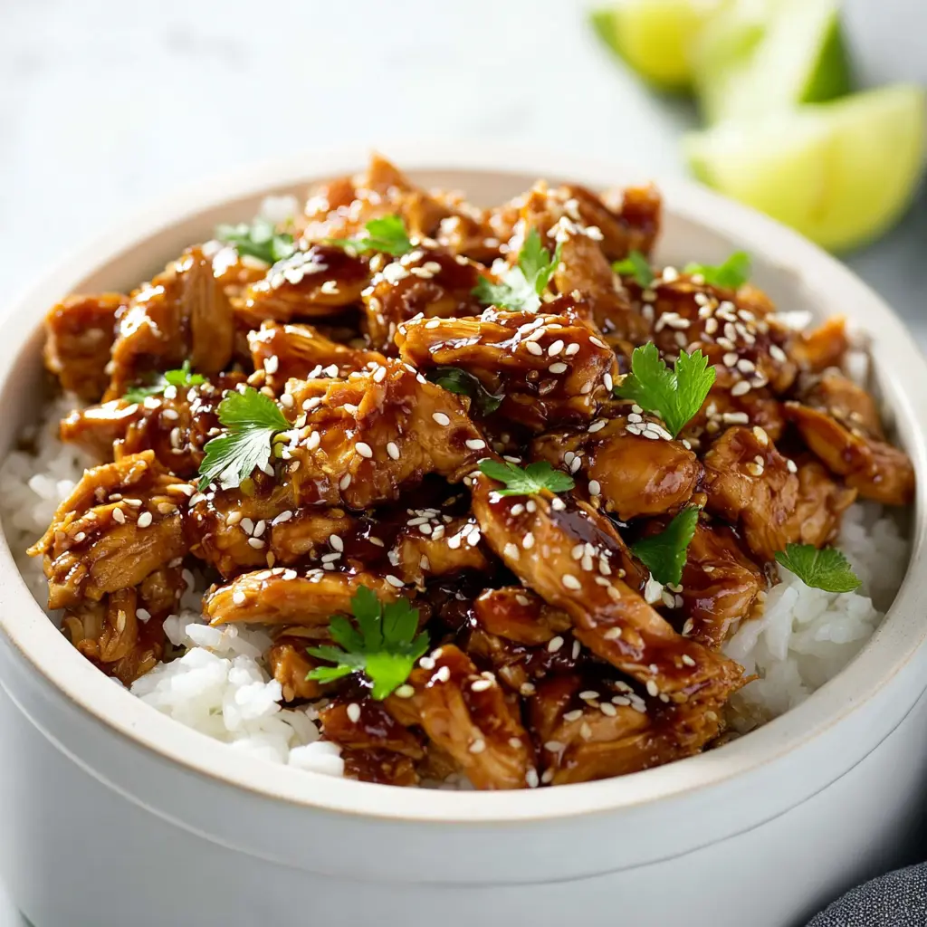 Crockpot Teriyaki Chicken Rice recipe, served and ready to eat, easy homemade dish