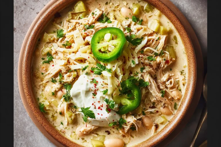 Crockpot White Chicken Chili Cream Cheese recipe, served and ready to eat, easy homemade dish