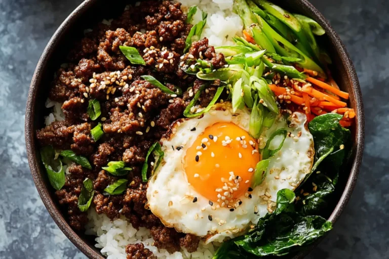 Ground Beef Korean Bulgogi Bowl recipe, served and ready to eat, easy homemade dish