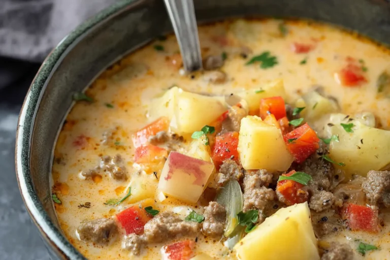 Ground Beef Potato Soup Crockpot recipe, served and ready to eat, easy homemade dish