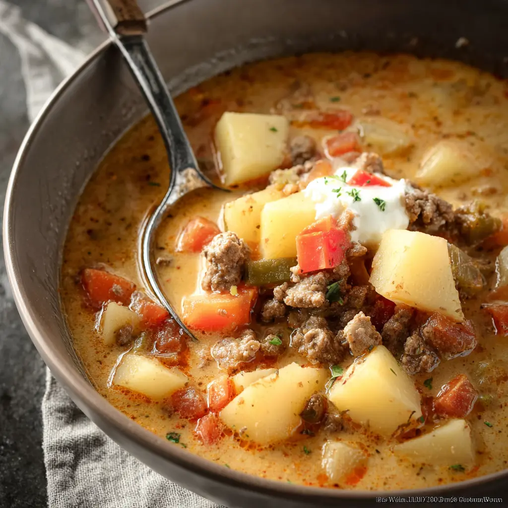 Ground Beef Potato Soup Crockpot Cozy Recipe Your Family Will Love 2 Ground Beef Potato Soup Crockpot recipe, served and ready to eat, easy homemade dish