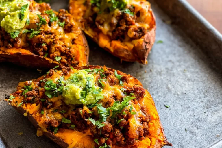 Ground Beef Stuffed Sweet Potatoes recipe, served and ready to eat, easy homemade dish