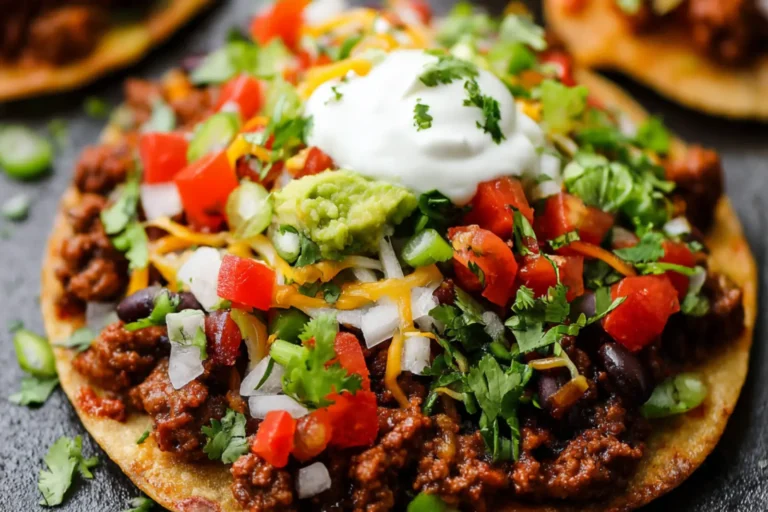 Ground Beef Tostada Skillet recipe, served and ready to eat, easy homemade dish