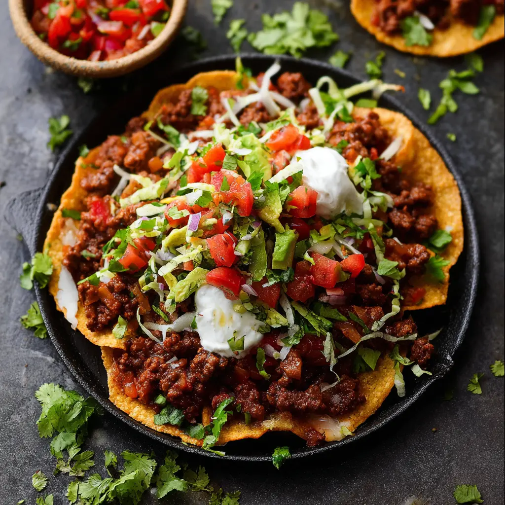 Ground Beef Tostada Skillet recipe, served and ready to eat, easy homemade dish
